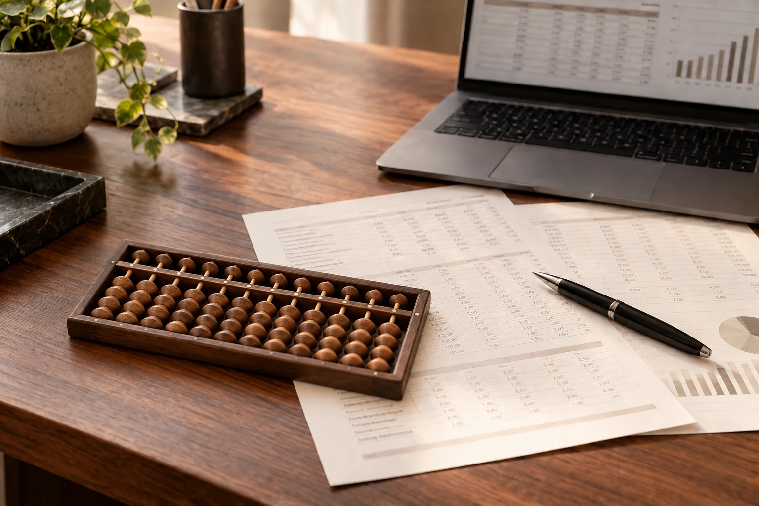Mesa de trabajo con ábaco de madera, documentos contables y hoja de cálculo, imagen conceptual
